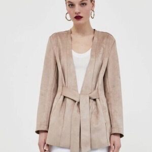 Zara Faux Suede Open Front Cream Tan tied Blazer Coat Cardigan Jacket Size Large